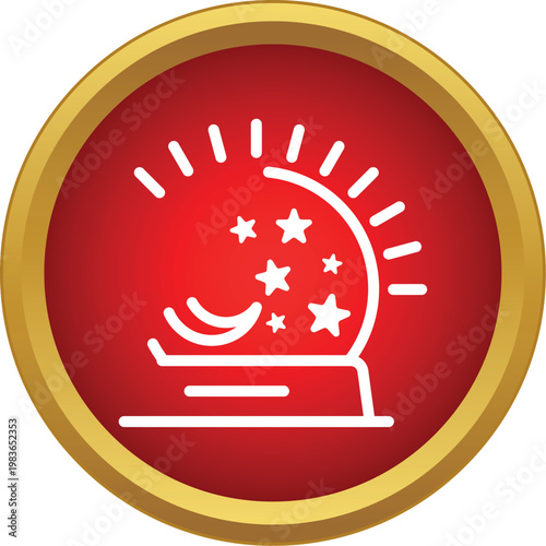 Round icon illustrating a planetarium dome displaying stars, a moon, and radiating light