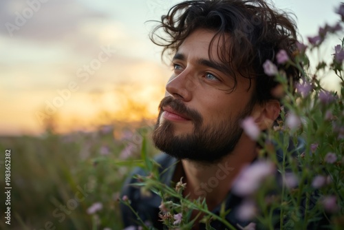 Man Looking up in a Field of Flowers During Sunset in a Quiet Landscape