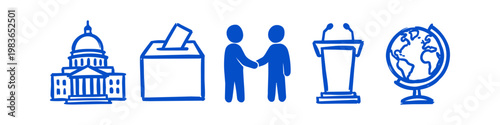 Set of blue hand-drawn icons representing politics, democracy, and global diplomacy, featuring a capitol building, ballot box, handshake, podium, and globe on a white background.