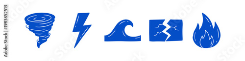 Hand-drawn blue icons representing natural disasters like tornado, lightning, wave, earthquake, and fire. Minimalist set of environmental hazard symbols isolated on a white background.