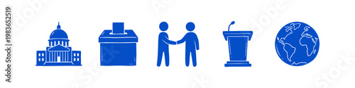 Set of blue hand-drawn icons representing politics, government, and global affairs, featuring a capitol building, ballot box, handshake, podium, and globe isolated on a white background.
