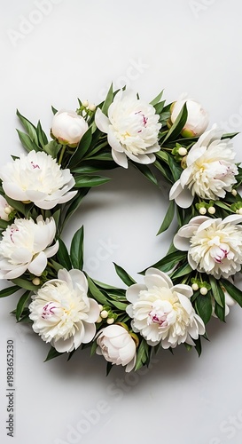 A circular arrangement of delicate white peonies and lush green leaves on a plain white background