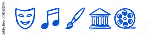 Hand-drawn blue icons representing arts and culture, including a theater mask, music note, paintbrush, museum building, and film reel, set against a white background.