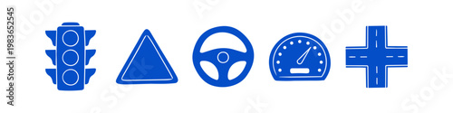 Set of blue flat icons for driving and traffic, featuring a traffic light, warning sign, steering wheel, speedometer, and road intersection symbol isolated on white.