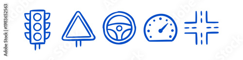 Hand-drawn blue icons related to traffic and driving, including a traffic light, road sign, steering wheel, speedometer, and intersection, isolated on white background.