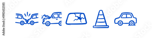 Blue hand-drawn icon set representing car accidents, insurance claims, and roadside assistance issues like flat tires, broken windshields, and vehicle collisions on a white background.