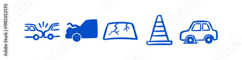 Set of blue hand-drawn icons representing car accidents and roadside issues, including a collision, vehicle damage, cracked windshield, traffic cone, and flat tire on white background.