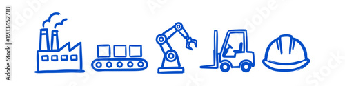 Blue hand-drawn industrial icons featuring a factory, conveyor belt, robotic arm, forklift, and safety helmet. Ideal for manufacturing, logistics, and automation concepts.