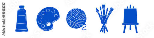 Blue silhouette icons of art and craft supplies: paint tube, palette, yarn, paintbrushes, and easel. Minimalist hand-drawn style on white background for creative hobby and artistic concepts.