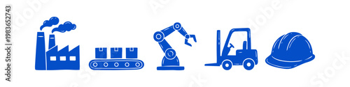 Set of hand-drawn blue industrial icons including factory, conveyor belt, robotic arm, forklift, and hard hat. Ideal for manufacturing, automation, logistics, and construction themes.