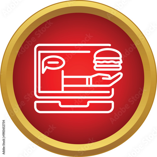 Hand holding a burger appearing from a laptop representing digital food delivery