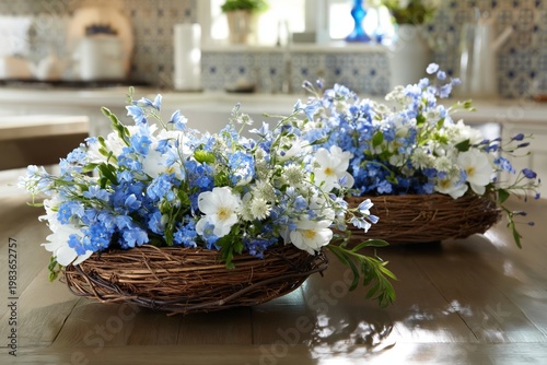 Beautiful Blue and White Flower Arrangements in Woven Baskets on a Kitchen Ta...