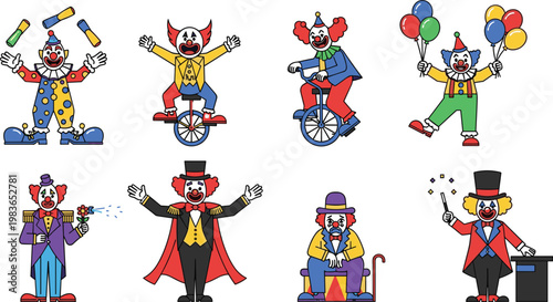 Circus Clown Character Set with Juggling, Unicycle Riding, Balloon Animals, and Magic Tricks for Carnival Entertainment, Birthday Parties, and Amusement Park Designs