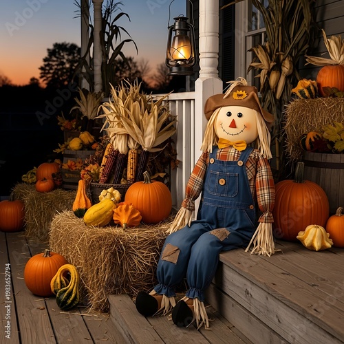 A charming autumn porch display with a scarecrow, pumpkins, corn, and hay bales