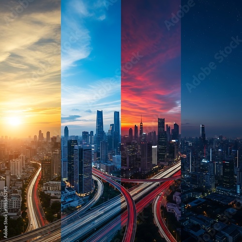 A cityscape captured at dawn, noon, sunset, and night, showing urban development