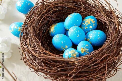 Blue Eggs With Gold Accents Sit in a Nest Made of Twigs on a Neutral Backgrou...