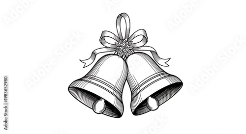 A classic black and white illustration of two ornate bells tied together with a ribbon
