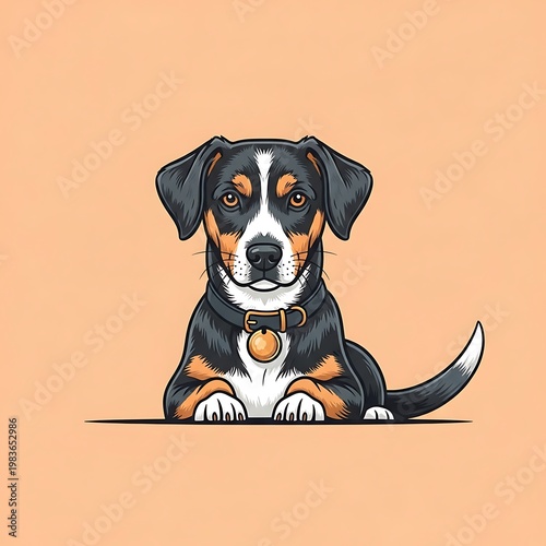 A charming cartoon dog with black, white, and tan markings, wearing a collar