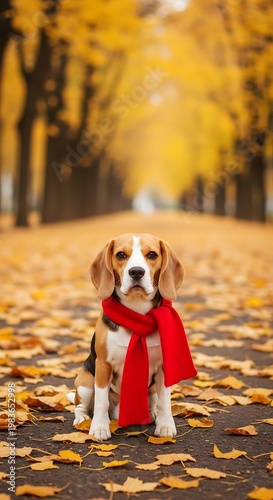 A charming beagle dog wearing a red scarf sits patiently amidst a vibrant autumn leaf-strewn path
