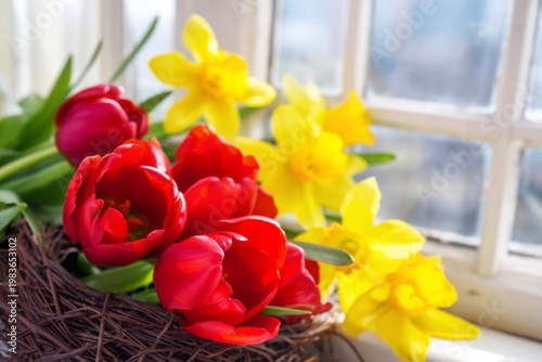 Bright Flowers in a Nest Near a Window on a Sunny Day, Adding Color to the Room