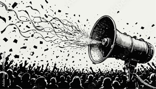 Dramatic woodcut illustration of a megaphone broadcasting over a cheering crowd with exploding confetti and streamers
