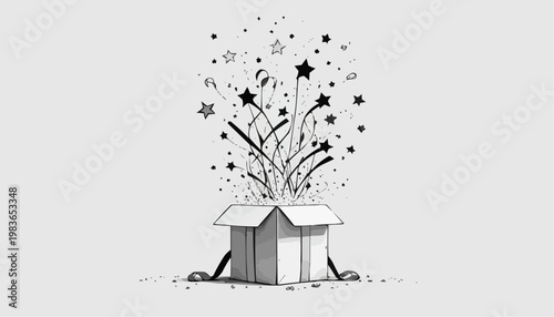 Hand-drawn sketch of an open gift box with stars and confetti exploding out isolated on white background
