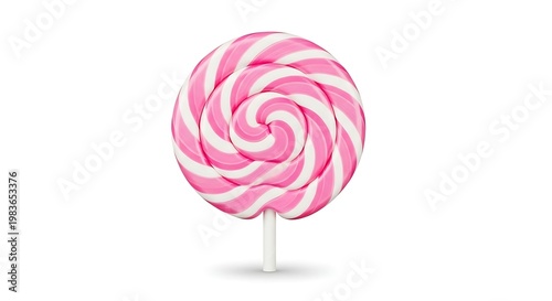 A classic pink and white swirled lollipop on a white stick, isolated on white
