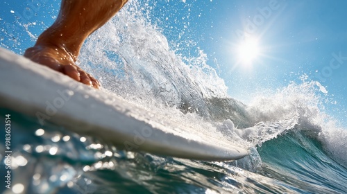 Surfer Rides a Wave Under Bright Sun on a Clear Day at the Beach