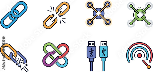 Digital Connectivity and Network Link Icon Set Featuring Hyperlink Chains, Broken Links, USB Connectors, Wireless Signal Strength, and Interactive Cursor Elements for Web Interface Design