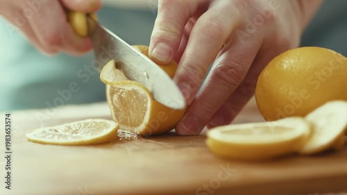 Close up of man hands slicing fresh lemon on wooden board near glass of water, healthy lifestyle and detox drink preparation concept, 4K 10-bit.