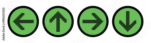 LED Arrow Direction Icons Set Vector Green Background, Pixel Arrows Left Right Up Down in Circular Signs for Traffic Systems, Navigation Interfaces and Digital Displays