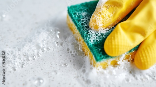 Cleaning a Surface With a Sponge and Gloves, Bubbles Forming in the Process