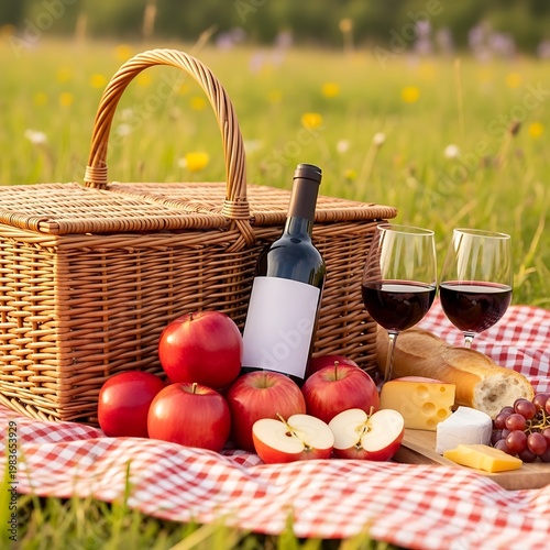 A charming picnic setup with wine, cheese, fruit, bread, and a basket on grass