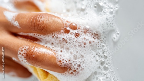 Person Cleans a Surface With a Soapy Sponge in a Bright Area During Daytime