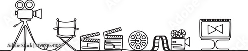 continuous line of film making process.one line drawing of shooting process. single line of filming activity. one line Icon drawing