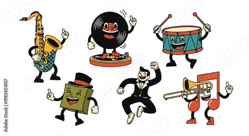 Cartoon musical instruments and characters in dynamic poses