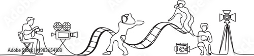 continuous line of film making process.one line drawing of shooting process. single line of filming activity. one line Icon drawing