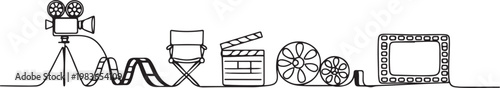 continuous line of film making process.one line drawing of shooting process. single line of filming activity. one line Icon drawing