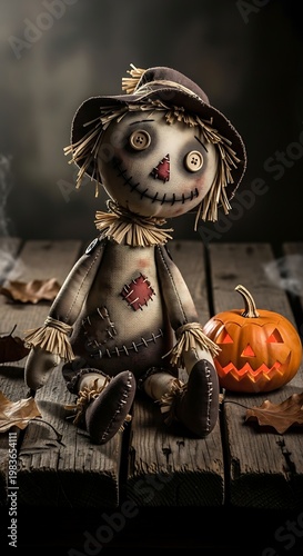 A charming, stitched scarecrow sits beside a carved pumpkin on rustic wood