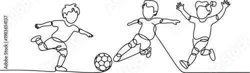 continuous line of children playing soccer happily. single line drawing for competition, soccer school, championship. one line Icon drawing