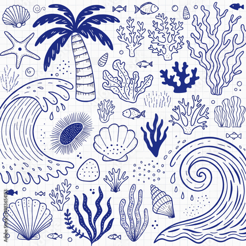 Oceanic vector illustration coral reef sea creatures palm tree grid pattern