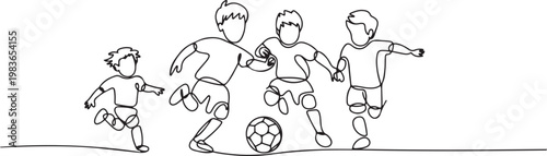 continuous line of children playing soccer happily. single line drawing for competition, soccer school, championship. one line Icon drawing