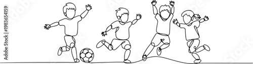 continuous line of children playing soccer happily. single line drawing for competition, soccer school, championship. one line Icon drawing