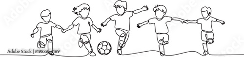 continuous line of children playing soccer happily. single line drawing for competition, soccer school, championship. one line Icon drawing