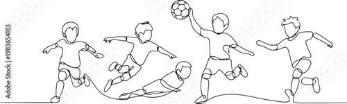 continuous line of children playing soccer happily. single line drawing for competition, soccer school, championship. one line Icon drawing