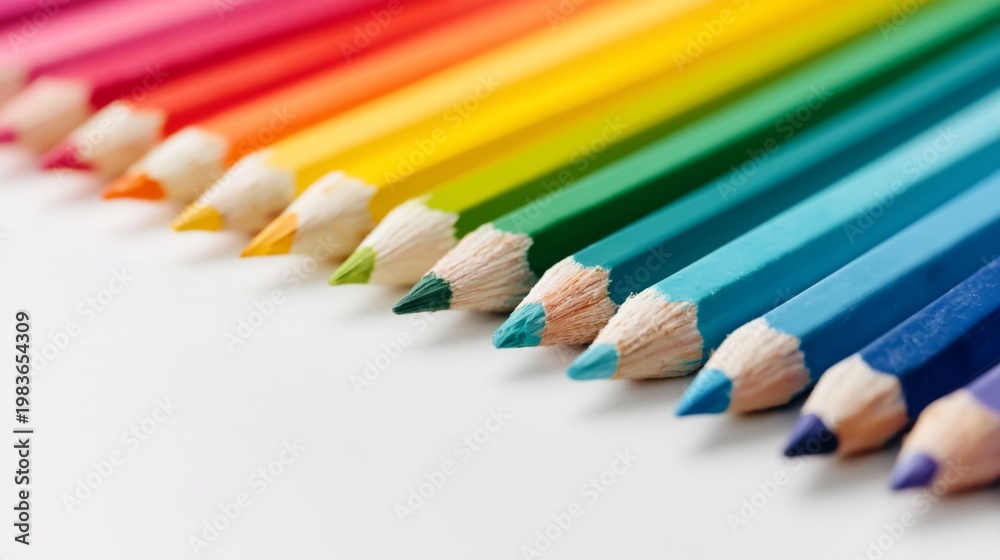 Obraz premium Colorful Pencils Arranged in a Row on a White Surface for Art and Drawing