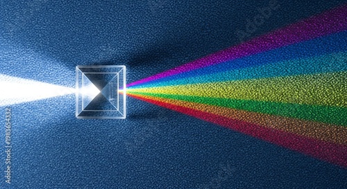 A clear glass prism refracts white light into a vibrant spectrum of colors