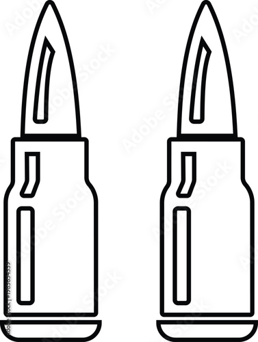 Bullet ammunition cartridge icon in black flat and line style vector illustration, ammo shell caliber symbol pack minimal outline design, shooting supply elements