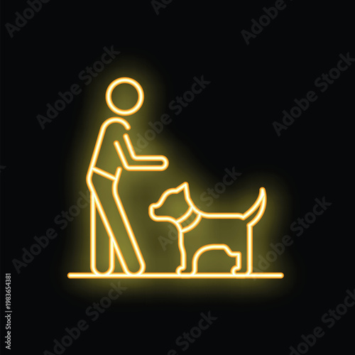 Yellow neon icon of a dog trainer training a dog with a collar