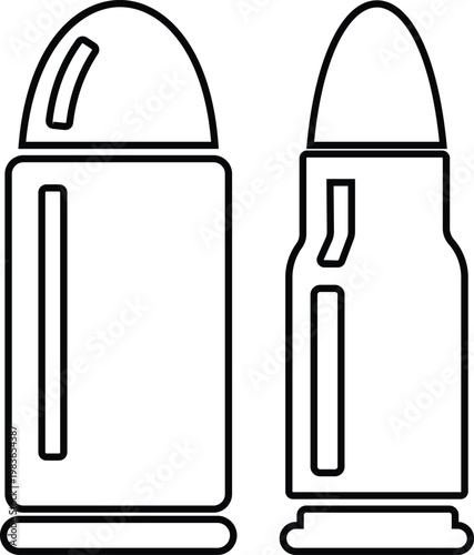 Bullet ammunition cartridge icon in black flat and line style vector illustration, ammo shell caliber symbol pack minimal outline design, shooting supply elements